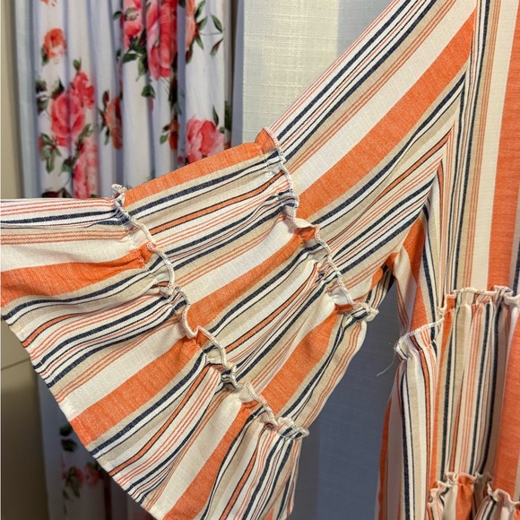 ODDY Orange and White Striped Women's Blouse Bell Sleeves Large Flowy Beautiful - Picture 3 of 7